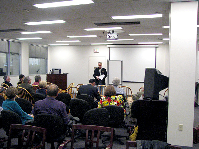 A speaker at a FacultySpeak event.
