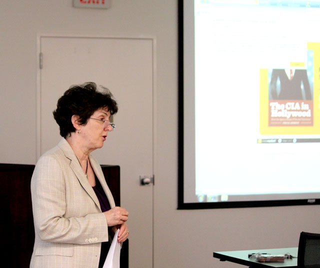 Dr. June Koelker introducing Dr. Tricia Jenkins at FacultySpeak March 2012.
