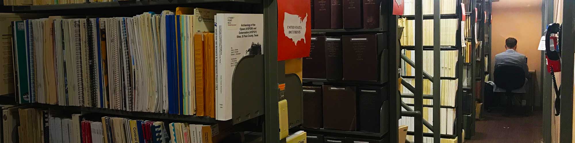 A student studying in the Government Information stacks.