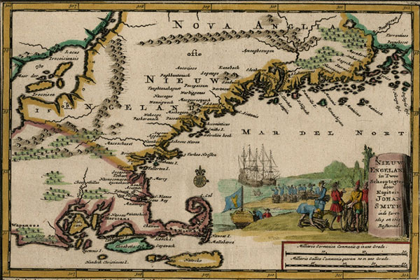 Map from collection titled <span lang='nl'>Nieuw Engeland in twee scheeptogten door Kapitein Johan Smith inde iaren 1614 en 1615 be stevend</span>.